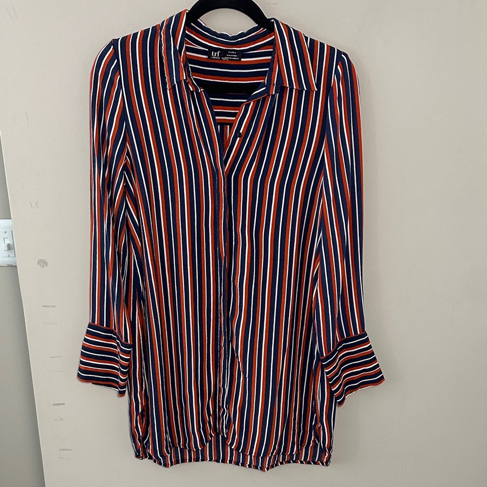 Zara Women's Striped Button-Down Shirt rust navy Blue and White